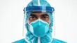 © The 2R Artificiality - Male healthcare professional wearing protective face mask and shield, isolation in blue medical suit against white background, safety portrait.