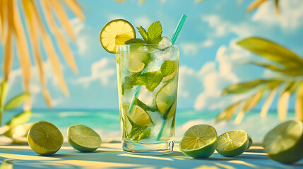 A vibrant Mojito cocktail with lime slices, mint leaves, and ice cubes, served in a tall glass with a cocktail stirrer on a tropical bar table.