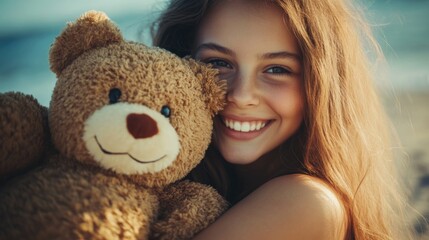 Wall Mural - Smiling young woman with long hair holding a brown teddy bear against a beach background, expressing joy and happiness in a warm afternoon light.