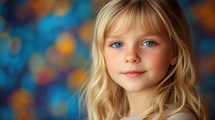 Canvas Print - Young blonde girl with blue eyes and wavy hair smiling gently against a vibrant colorful abstract background featuring soft bokeh lights.