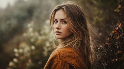 Wall Mural - Vibrant portrait of young woman with long wavy hair wearing brown sweater surrounded by lush greenery and floral elements in soft natural light