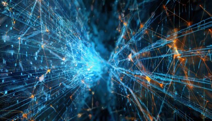 Aufkleber - futuristic neural network data flow visualization with glowing blue and orange nodes in cyberspace for tech designs

