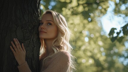 Wall Mural - Blonde young woman gently embracing a tree in serene green park setting, enjoying nature and tranquility during sunny day.