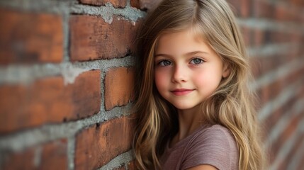 Wall Mural - Young girl with long wavy hair smiling casually against a rustic brick wall, wearing a soft brown shirt, showcasing youthful charm and innocence.