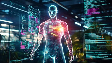 Poster - Human-like figure with digital overlays in a futuristic environment