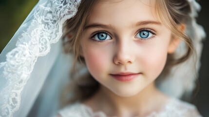 Sticker - Young girl with enchanting blue eyes wearing a delicate lace bridal veil, showcasing innocence and beauty against a soft blurred background.