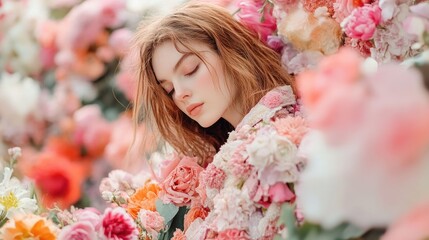 Poster - Springtime portrait of a young woman in a floral coat surrounded by a vibrant array of pink and orange blossoms in a lush garden setting.