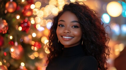 Young woman with curly hair smiling joyfully in festive Christmas setting decorated with shimmering lights and bright ornaments celebrating New Year 2025.