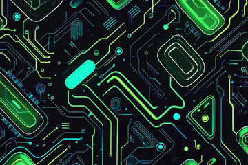 Poster - Futuristic circuit board design featuring neon green and blue on a sleek black background for high-tech aesthetics