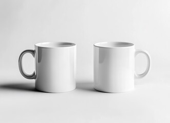 Wall Mural - White coffee mug mockup, two mugs side by side on a white background. Mock-up template for design and print with copy space. Stock photo contest winner, high resolution, high detail