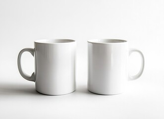 Wall Mural - White mug mockup, two mugs side by side on a white background, mock-up for design and print, high-resolution photography, high detail, stock photo, professional color grading, clear, sharp focus. 