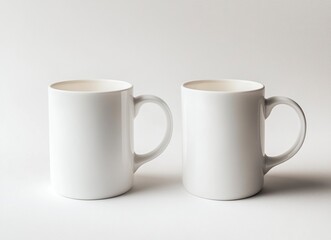 Wall Mural - White mug mockup, two mugs side by side on a white background, mock-up for design and print, high-resolution photography, high detail, stock photo, professional color grading, clear, sharp focus. 