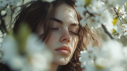 Wall Mural - Brunette young adult woman with closed eyes among blooming white cherry blossoms in a serene garden setting, celebrating nature's beauty and tranquility.