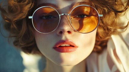Poster - Modern portrait of a young woman with curly hair wearing oversized yellow tinted sunglasses, showcasing warm tones and a soft focus background.