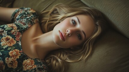 Wall Mural - Portrait of an attractive young woman with long blonde hair wearing a floral dress, lounging on a soft, muted green sofa in a cozy indoor setting.