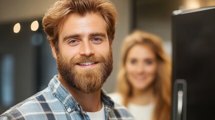 Smiling young couple in casual attire shopping for modern refrigerator in bright household appliance store with warm colors and stylish design.