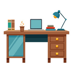 Poster - The office desk features a laptop, a stylish lamp, stacked books, and a plant, creating a clean and organized workspace environment perfect for productivity