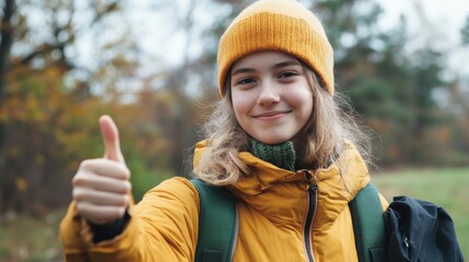 Cheerful teenage girl volunteer in yellow winter jacket and orange beanie giving thumbs up outdoors in autumn forest with colorful leaves