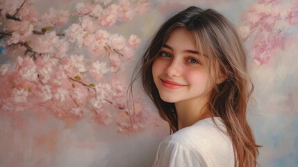 Sticker - Cheerful Teenage Girl with Long Wavy Hair Smiling in Front of Soft Pink Cherry Blossom Background and Light Pastel Colors