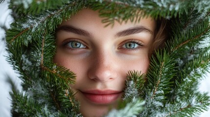 Sticker - Portrait of a young woman with fresh skin framed by green snowy coniferous branches representing beauty and nature for winter holidays and skincare.