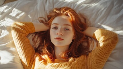 Canvas Print - Relaxed young woman with ginger hair in cozy mustard sweater lounging in bed with soft white linens during serene morning light