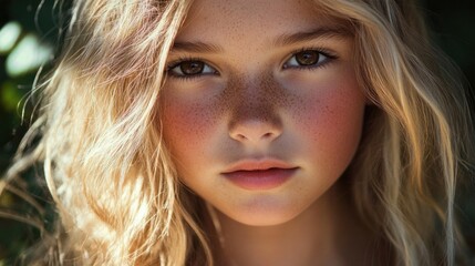 Wall Mural - Close-up portrait of a young girl with blonde wavy hair, brown eyes, and freckles, illuminated by natural light against a green background.