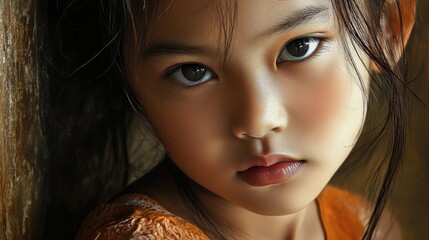 Canvas Print - Thai girl portrait with expressive dark brown eyes and long black hair, wearing orange attire against a rustic wooden background, artful lighting.