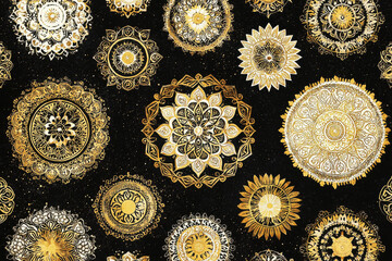 Poster - Intricate gold and white mandala designs create an elegant spiritual pattern on a deep black background