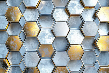 Poster - Shiny metallic hexagonal pattern featuring silver and gold tones for a futuristic aesthetic
