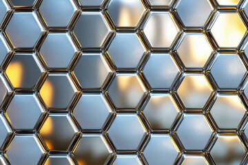 Poster - Shiny metallic hexagonal pattern in silver and gold tones creates a striking geometric texture with futuristic appeal