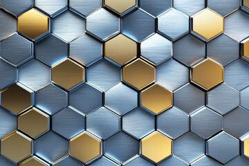 Poster - repeating pattern of metallic hexagons in shiny silver and gold tones creating a sleek geometric tex