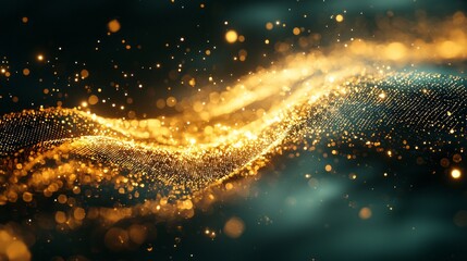 Poster - In a mesmerizing display, golden particles gracefully flow and intertwine in an enchanting dance, evoking a sense of cosmic wonder and magic during the twilight hours