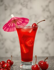 Wall Mural - A refreshing cherry drink with an umbrella for a summer day