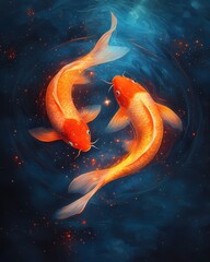 Poster - Pisces zodiac symbolism two glowing koi fish in cosmic stardust waters dreamlike fantasy art