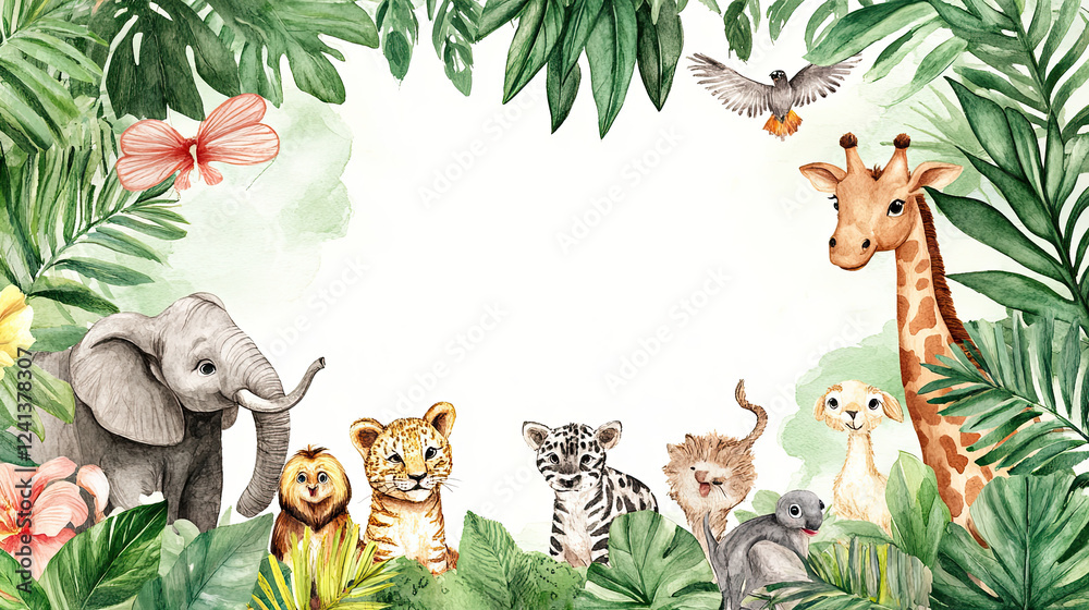 A watercolor-style cartoon frame of safari animals borders a cute zoo ...