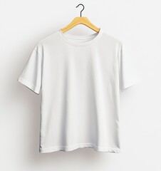 Wall Mural - White T-shirt hanging on a wooden hanger, plain white background, mockup template stock photo. --ar 15:16 --v 6.1 Job ID: a567fa3c-e46b-4d32-80a4-bbd6da894ded