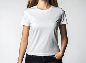 Wall Mural - White T-shirt mockup for women, front view, white background, high resolution, no people, mock-up template stock photo