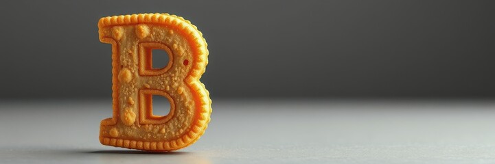 Wall Mural - Orange cookie shaped like the letter B on a gray surface amid a simple backdrop