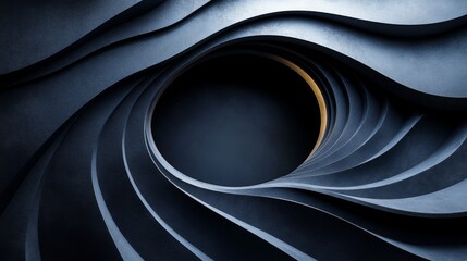 Poster - Abstract Dark Blue Swirling Waves with Golden Accents: A 3D Rendered Architectural Design Concept