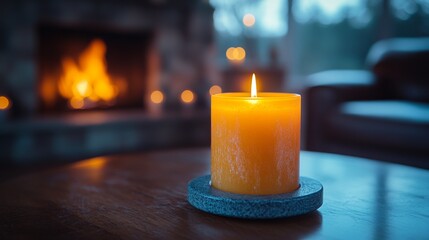 Leinwandbilder - A Cozy Evening by the Fireplace: A Single Lit Candle on a Wooden Table, Warm Ambiance, Relaxing Atmosphere
