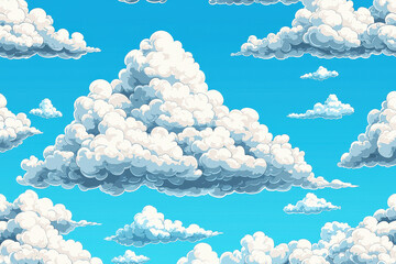 Poster - Fluffy white clouds in a bright blue sky creating a cheerful and airy seamless pattern for various design uses