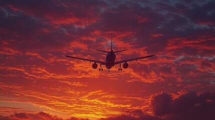 Poster - As the sun sets, an airplane gracefully ascends against a breathtaking backdrop of fiery orange and deep purple clouds, creating a spectacular vision of travel and adventure