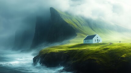 Poster - Secluded Coastal Haven: A Solitary House Nestled Amongst Dramatic Cliffs and Misty Ocean Waves, Faroe Islands.
