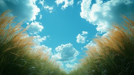 Aufkleber - Serene Summer Meadow: Golden Grass Under a Vast Blue Sky with Fluffy White Clouds, a Tranquil Pastoral Scene.