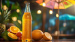© GoldPumaze - An ice-cold bottle of orange soda with condensation, placed on a wooden bar counter next to tropical fruits and a vibrant drink umbrella.