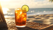 © GoldPumaze - An ice-cold glass of orange soda with a slice of lime, resting on a beach chair under a bright sun, with sand and beach waves in the background.