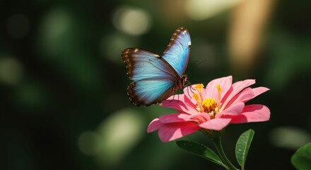 vibrant blue butterfly on pink zinnia flower in sunlit garden