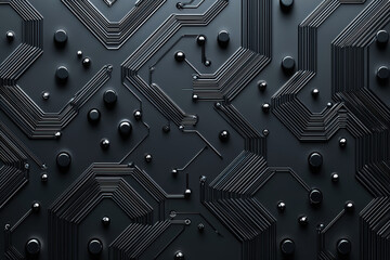 Poster - Futuristic circuit board design featuring metallic dots and lines on a dark gray background