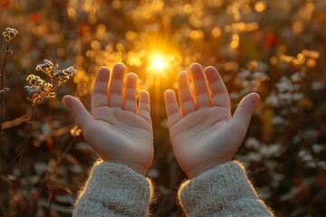 Raised palms bathed in golden sunlight with knitted sleeves capture spiritual moment at sunset