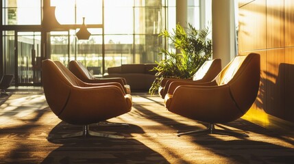 Aufkleber - Leather chairs are arranged invitingly in a spacious lobby, their sleek design highlighted by warm sunlight streaming through large glass windows, creating a serene atmosphere